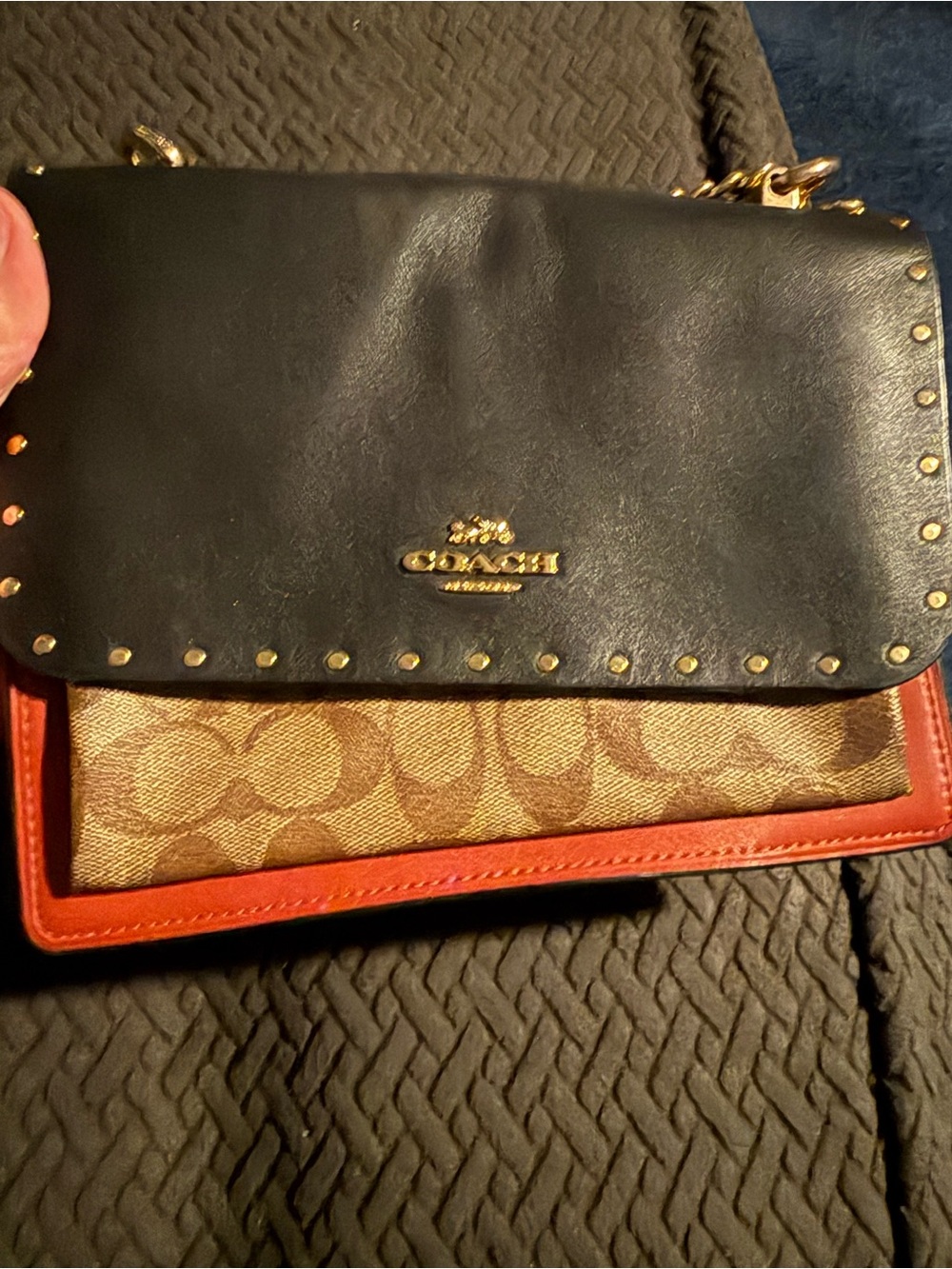 Coach Black Leather and Brown Signature Crossbody with Orange Trim